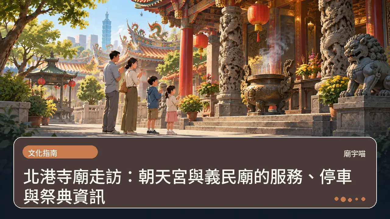 北港寺廟走訪:朝天宮與義民廟的服務、停車與祭典資訊主題插畫