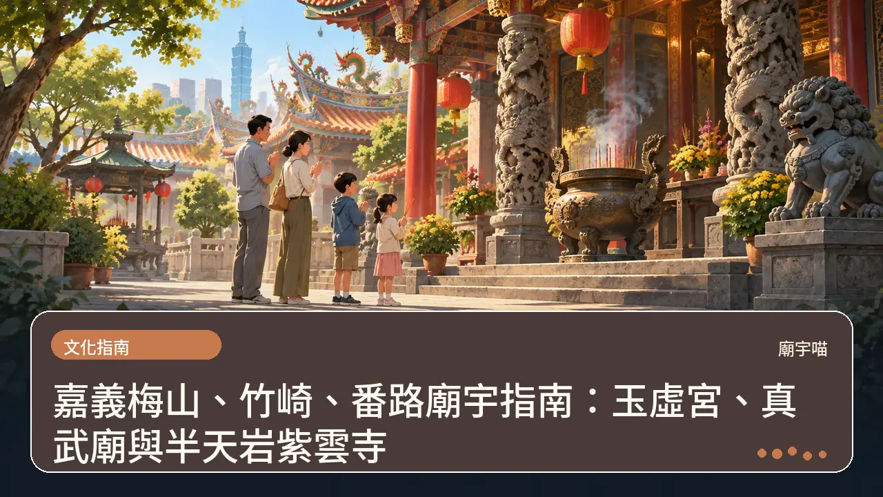 嘉義梅山、竹崎、番路廟宇指南:玉虛宮、真武廟與半天岩紫雲寺主題插畫