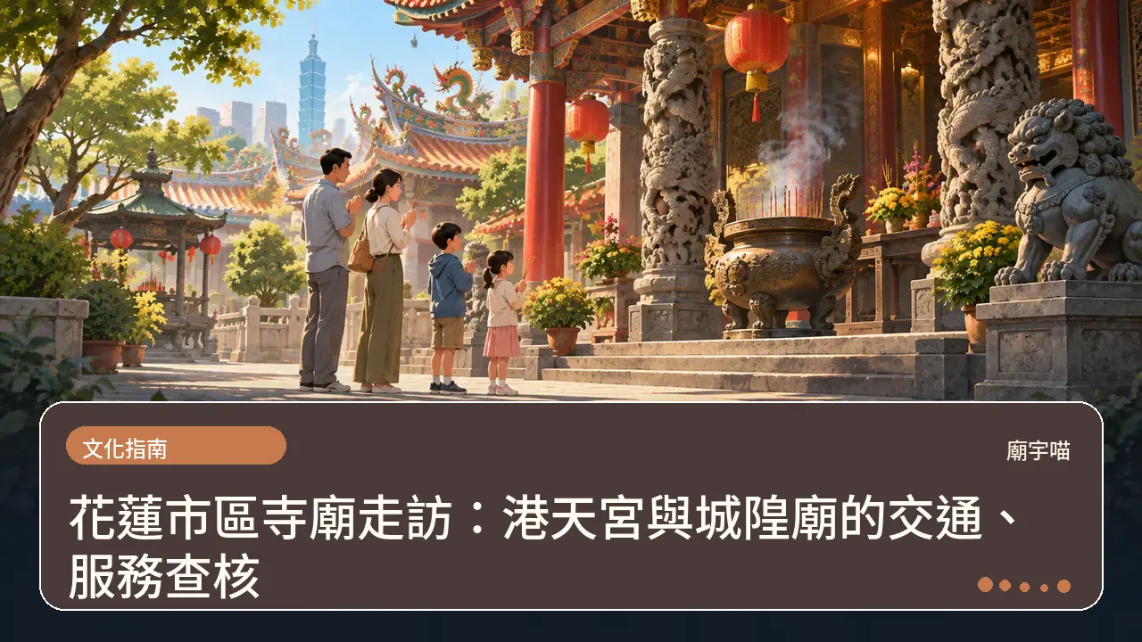 花蓮市區寺廟走訪:港天宮與城隍廟的交通、服務查核主題插畫