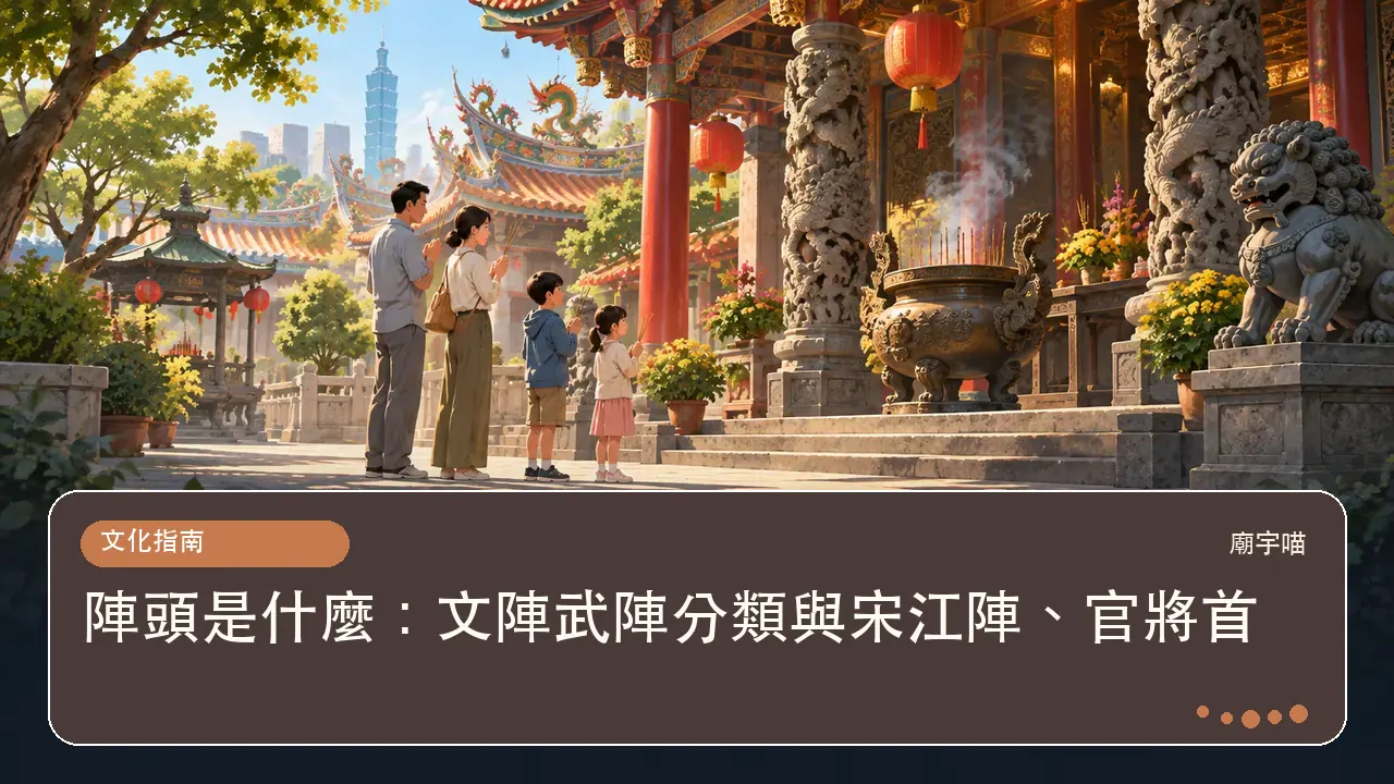 陣頭是什麼：文陣武陣分類與宋江陣、官將首主題插畫