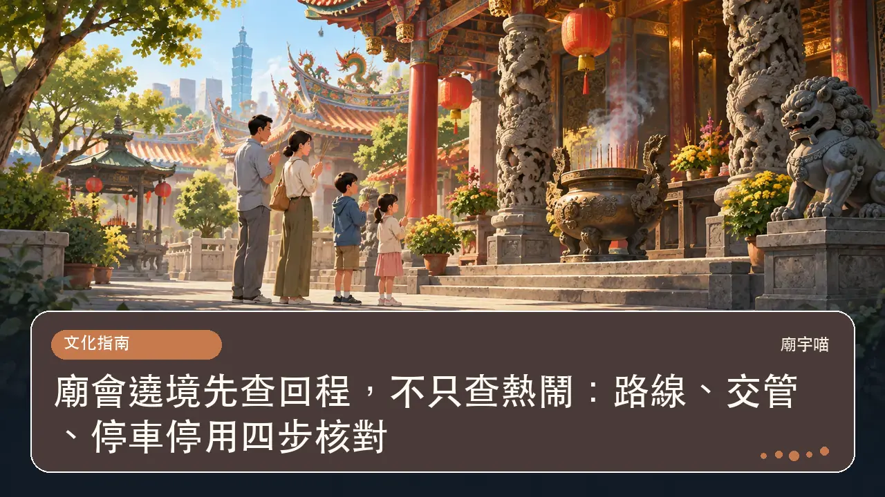 廟會遶境先查回程,不只查熱鬧:路線、交管、停車停用四步核對主題插畫