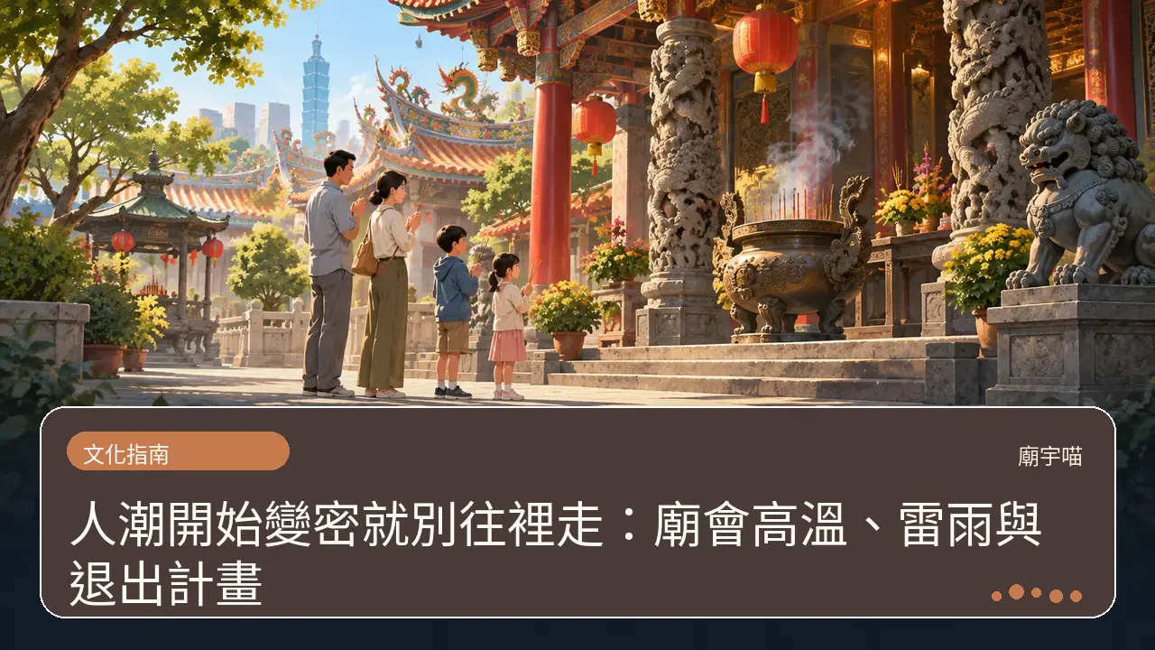 人潮開始變密就別往裡走:廟會高溫、雷雨與退出計畫主題插畫