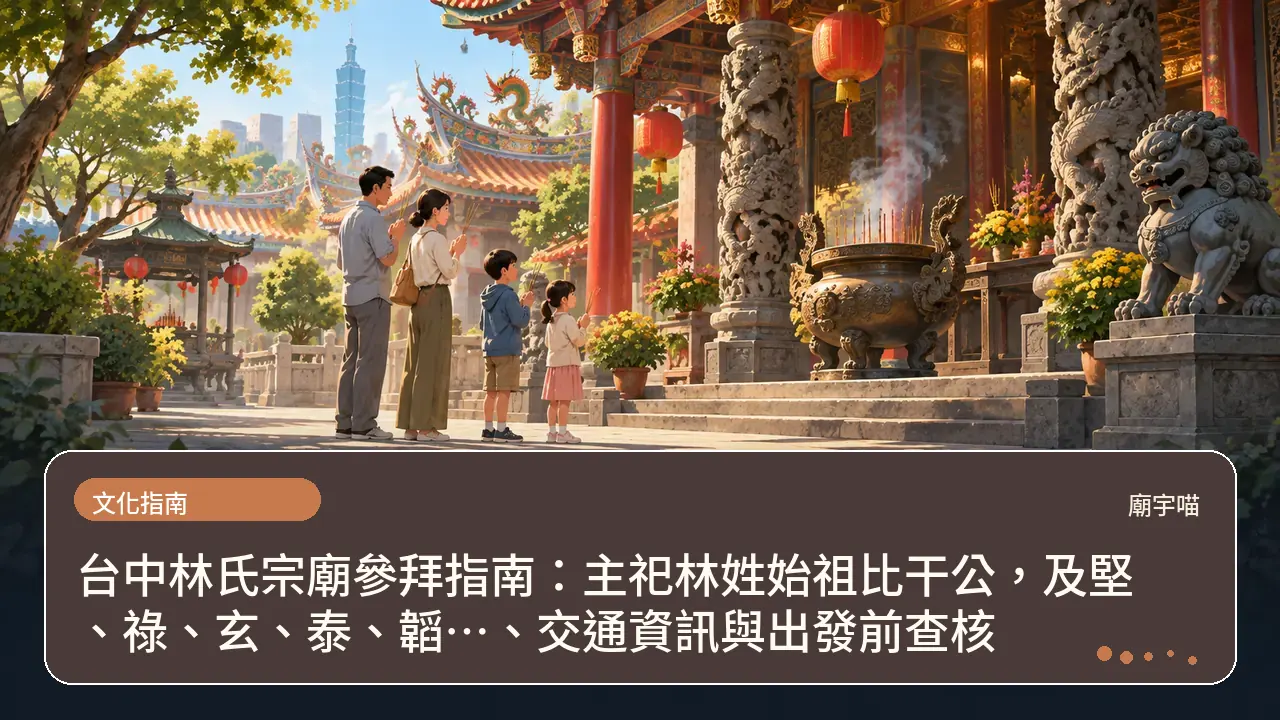 台中林氏宗廟參拜指南:主祀林姓始祖比干公,及堅、祿、玄、泰、韜…、交通資訊與出發前查核主題插畫
