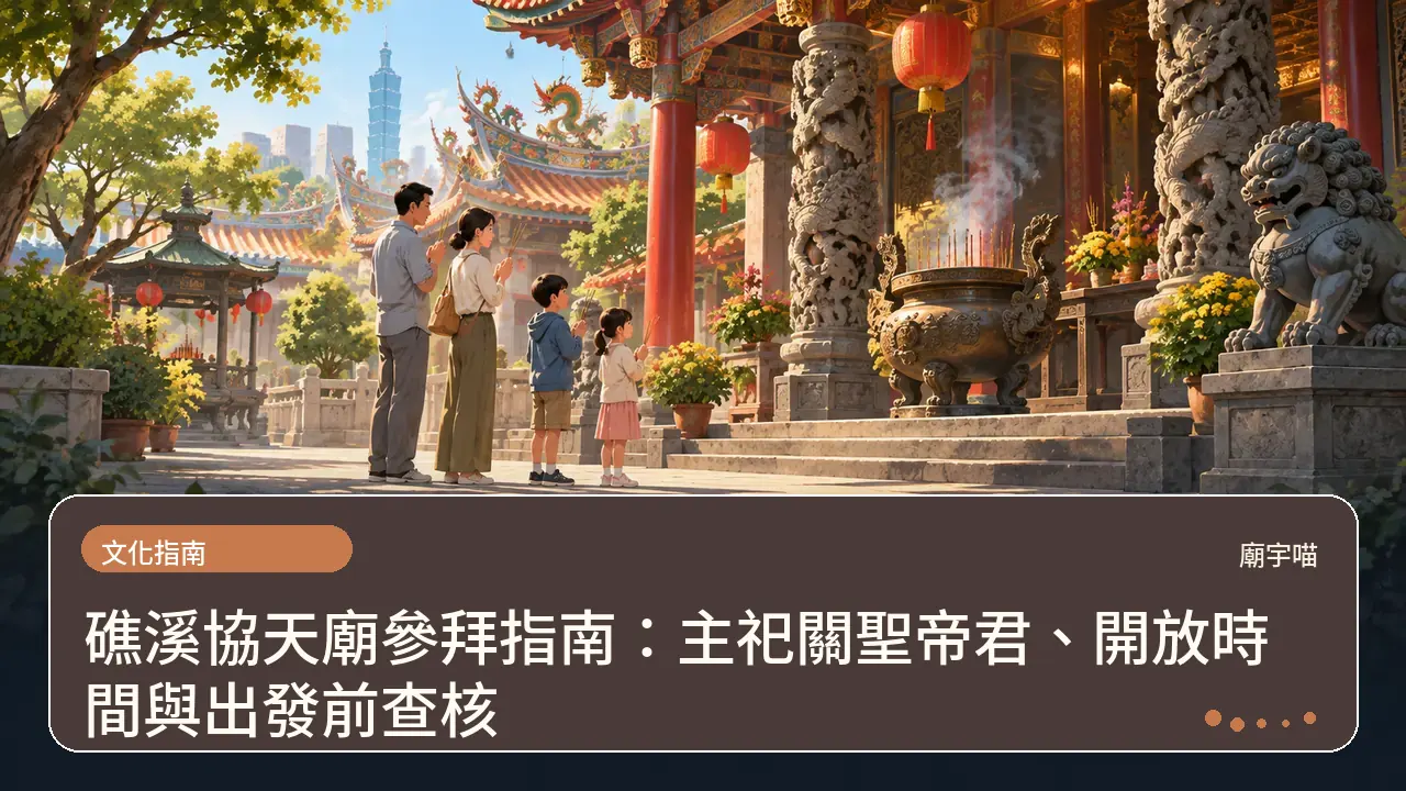 礁溪協天廟參拜指南:主祀關聖帝君、開放時間與出發前查核主題插畫