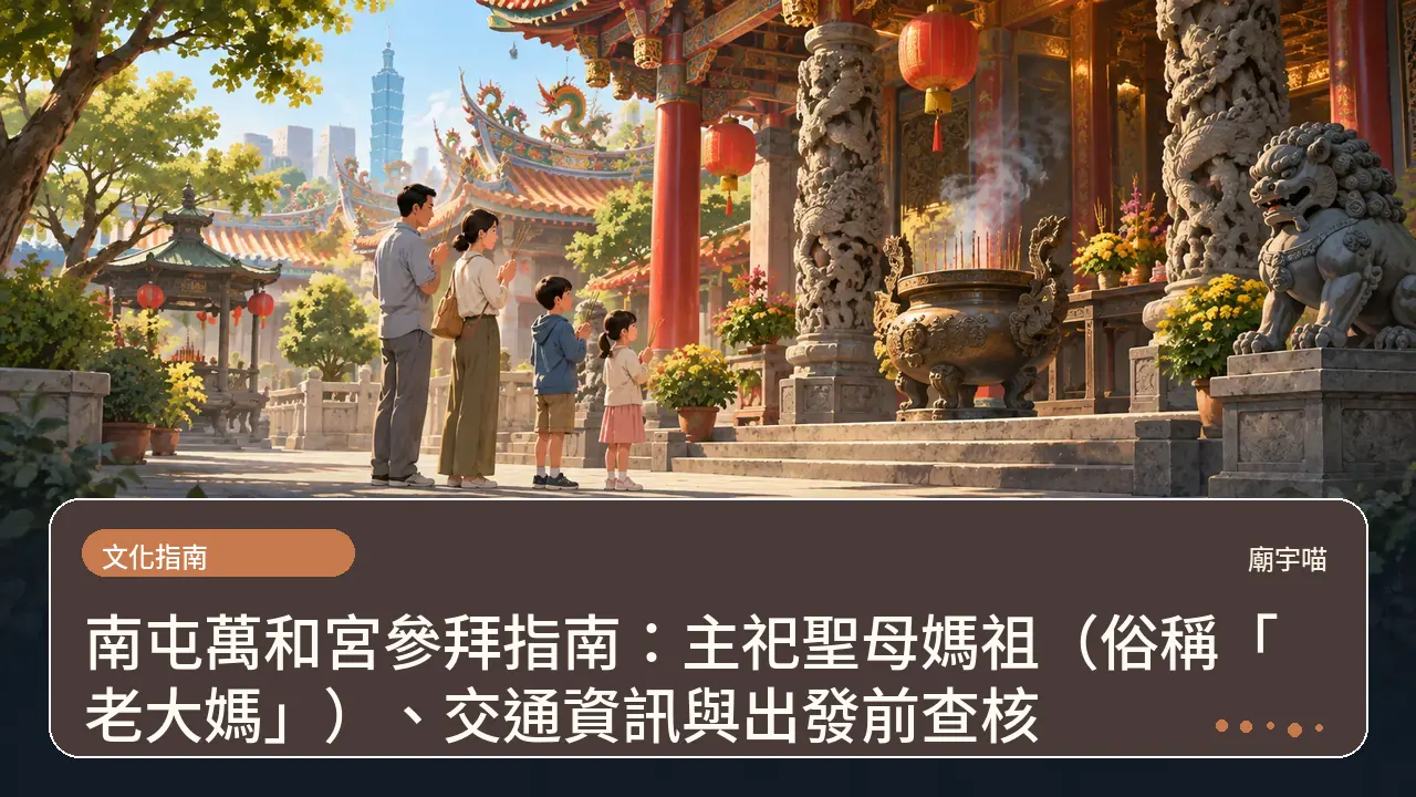 南屯萬和宮參拜指南:主祀聖母媽祖(俗稱「老大媽」)、交通資訊與出發前查核主題插畫