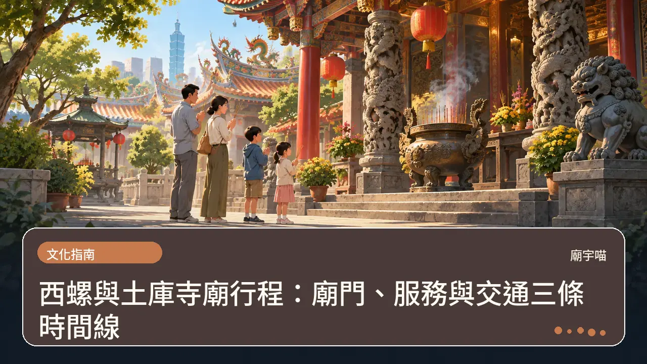 西螺與土庫寺廟行程:廟門、服務與交通三條時間線主題插畫