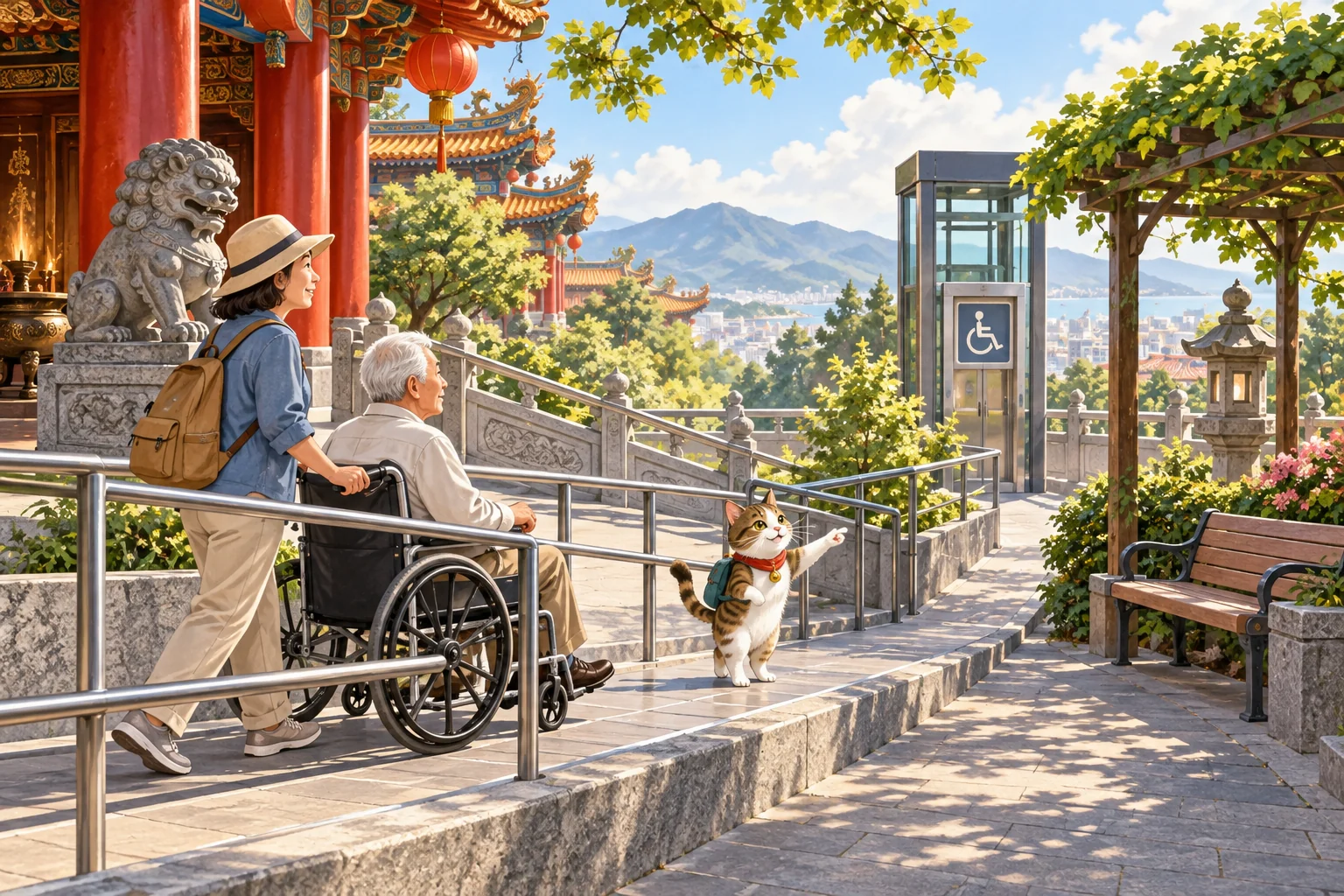 長輩與同行者沿無障礙坡道前往寺廟並查看休息點的編輯示意圖