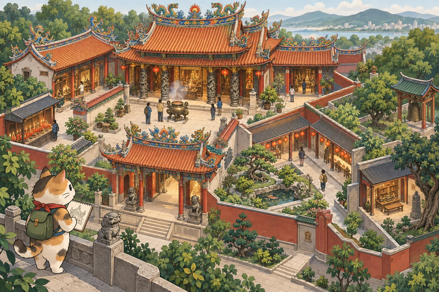 以俯視剖面呈現多座殿宇與參觀動線的寺廟閱讀編輯示意圖